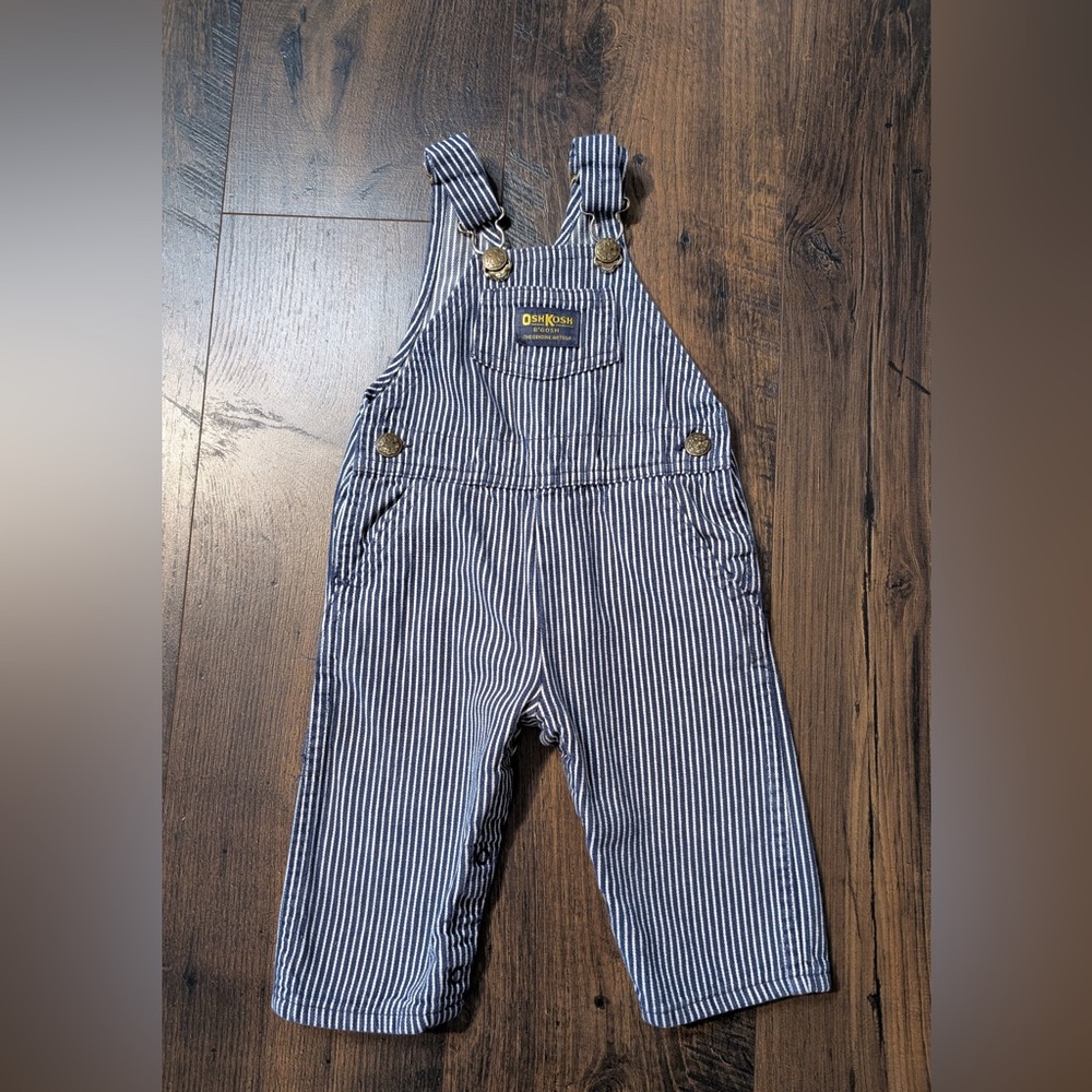 Vintage OshKosh Railroad Overalls Blue White Stripes Size 12 Months